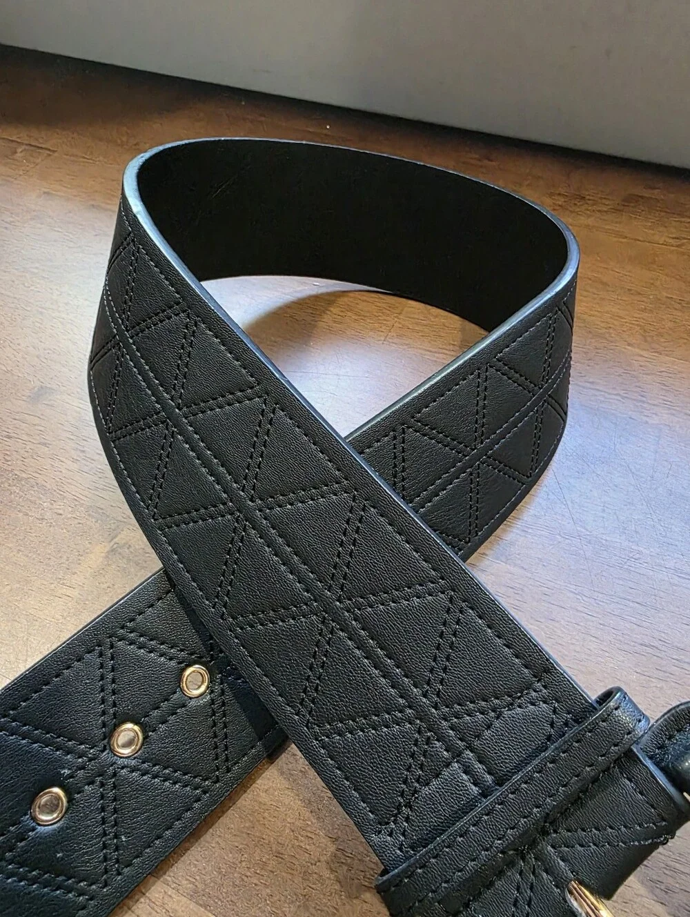 SHEIN Black Wide Waist Belt Quilted Geometric Pattern Square Buckle Boho